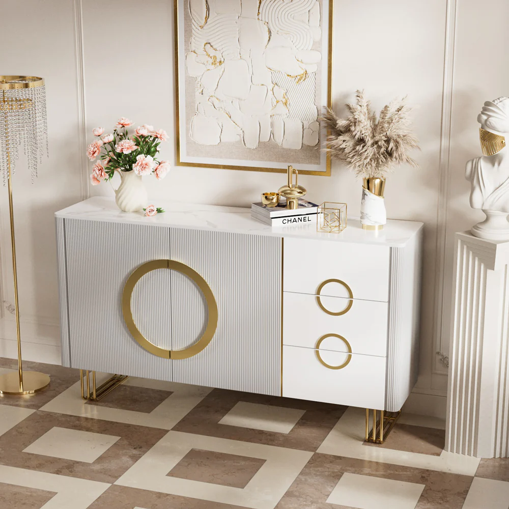 Modern Luxury Dining Set Sculptural Wood & Marble-Effect Table × White-and-Gold Buffet Cabinet