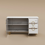 Load image into Gallery viewer, Walnut S-Base Marble-Effect Round Dining Table + White &amp; Gold Circular-Accent Buffet Cabinet Set
