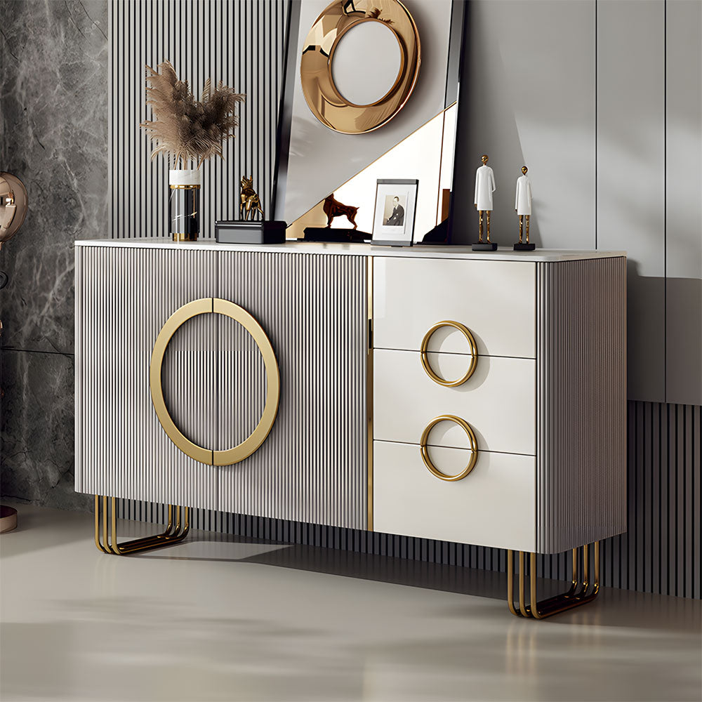 62.4" Sleek Modern White and Gold Buffet Cabinet with Circular Accents