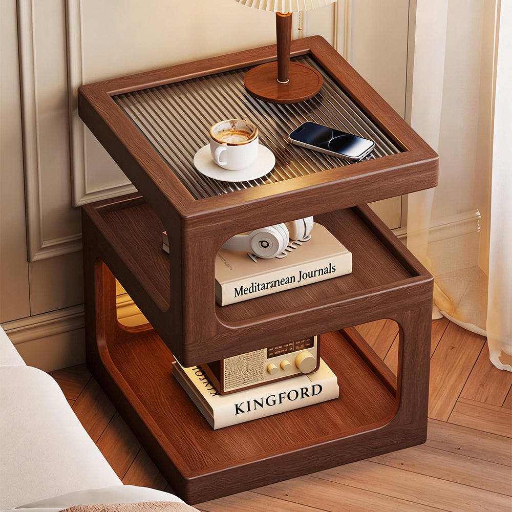 Modern Solid Wood Bedside Table with Fluted Glass Top Multi Layer Storage Nightstand