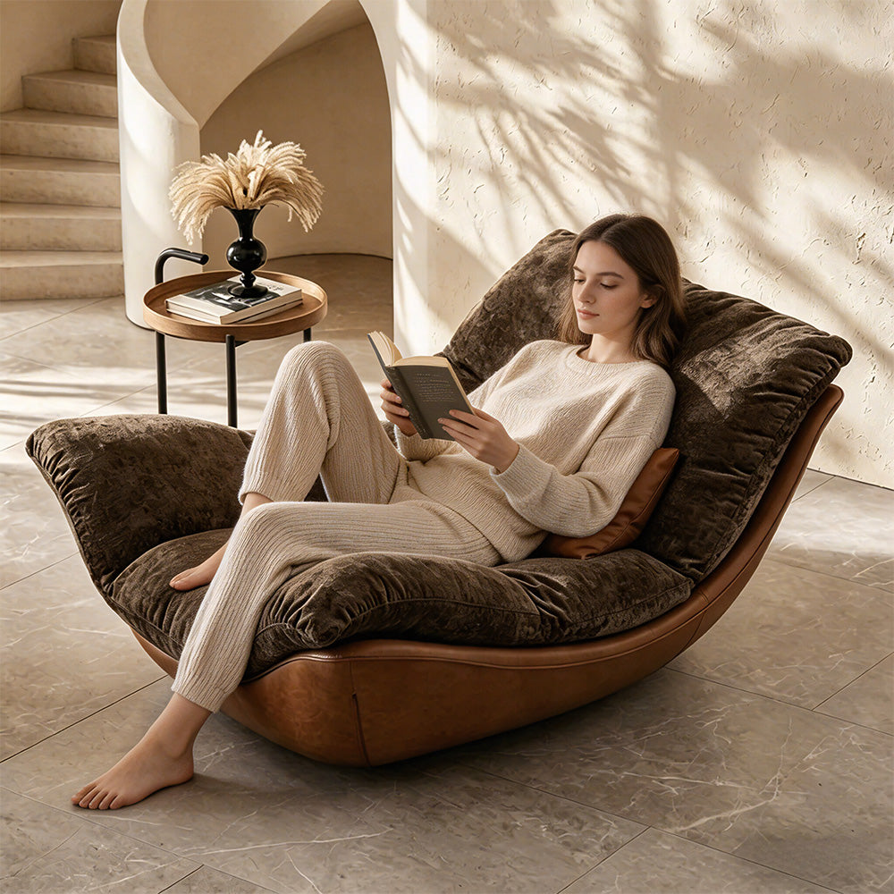 Modern Lounge Accent Chair Faux Leather Base Plush Fabric Cushion Low Profile Lazy Sofa Chair