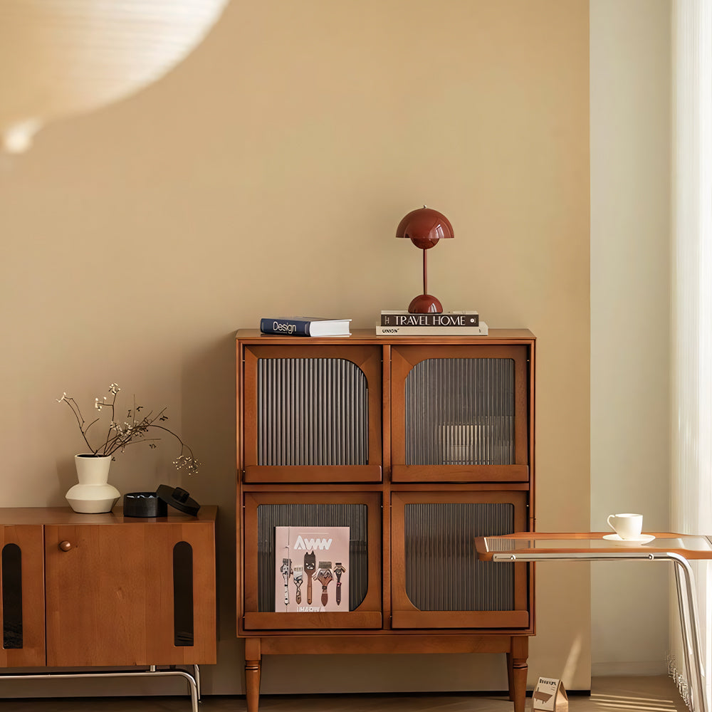 31.5'' Modern Vintage Storage Cabinet Solid Wood Display Cabinet with Fluted Glass Doors and Shelves