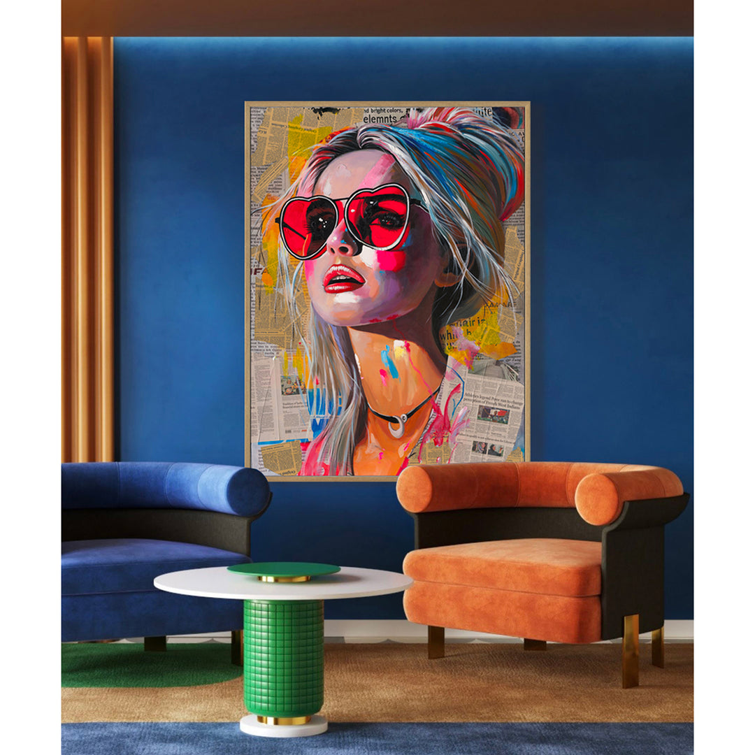 Handmade Pop Art Wall Painting – Colorful Woman Portrait with Newspaper Collage