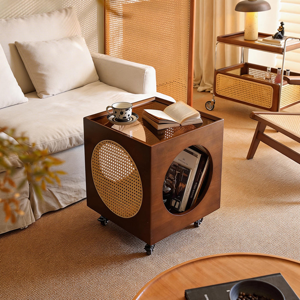 Modern Rattan Nightstand Rolling Side Table Solid Wood Mobile Bedside Cabinet with Storage