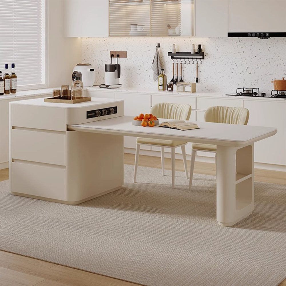 White Multi-Function Expandable Kitchen Island with Storage & Built-In Outlets