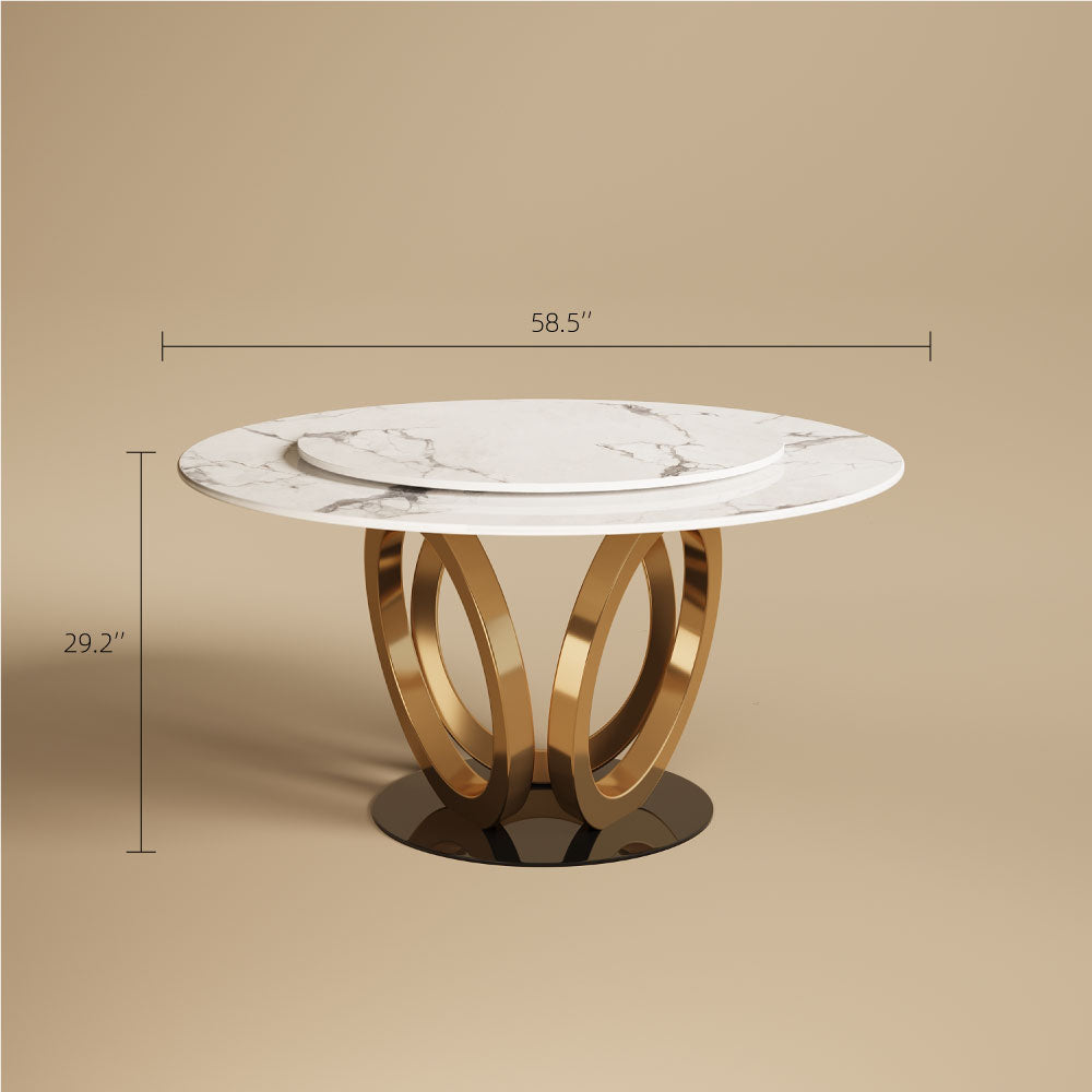 Round Dining Table Lazy Susan Marble Effect Ring Base Gold Accents Perfect for 4-6 People