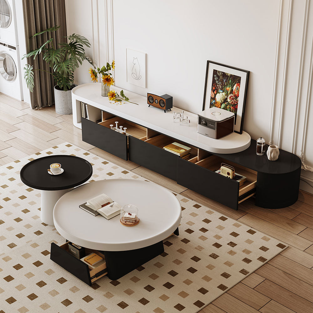 Extendable television unit with open storage drawers