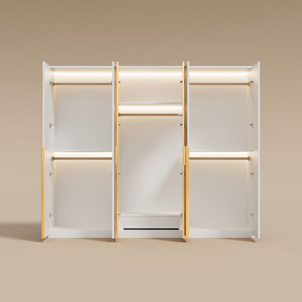 Modern Luxury Six-Door Closet Wardrobe in Champagne Gold and White with Glass Accents & Spacious Storage