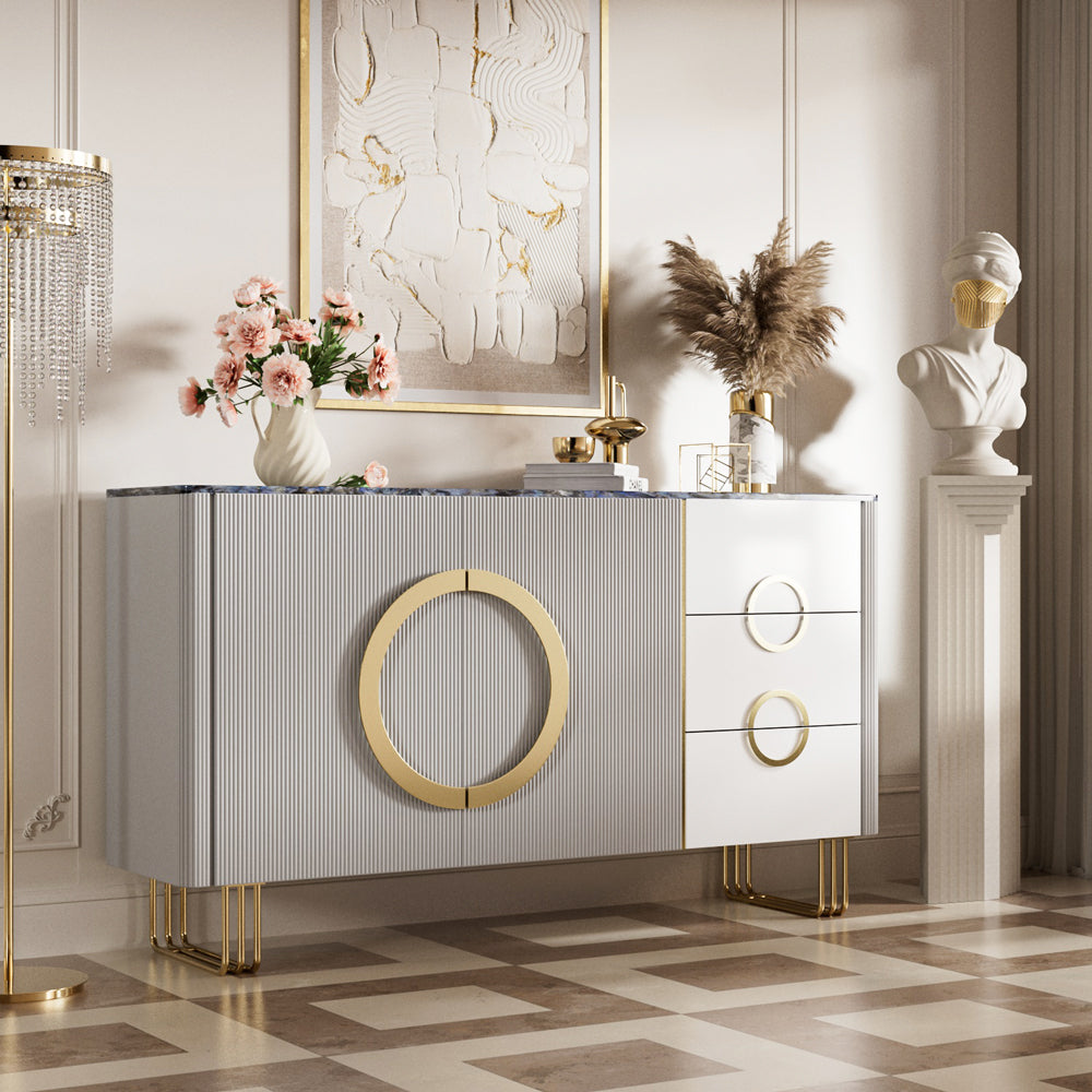 62.4" Sleek Modern White and Gold Buffet Cabinet with Circular Accents