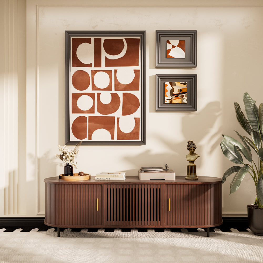 70.2'' Walnut Curved TV Stand Vertical Textured Design with Metal Handles