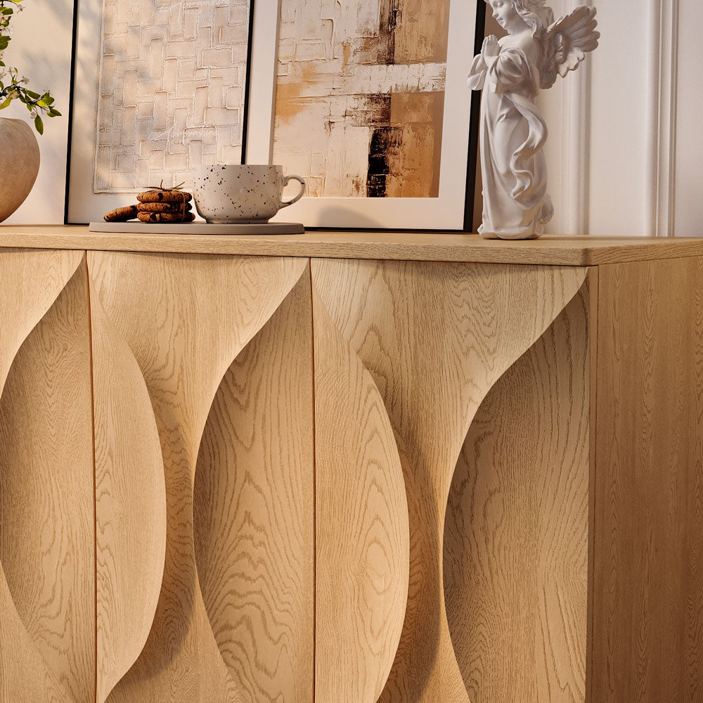 Modern Sculptural Sideboard Cabinet with 3D Curved Panel Doors Minimalist Wooden Buffet for Dining & Living Rooms
