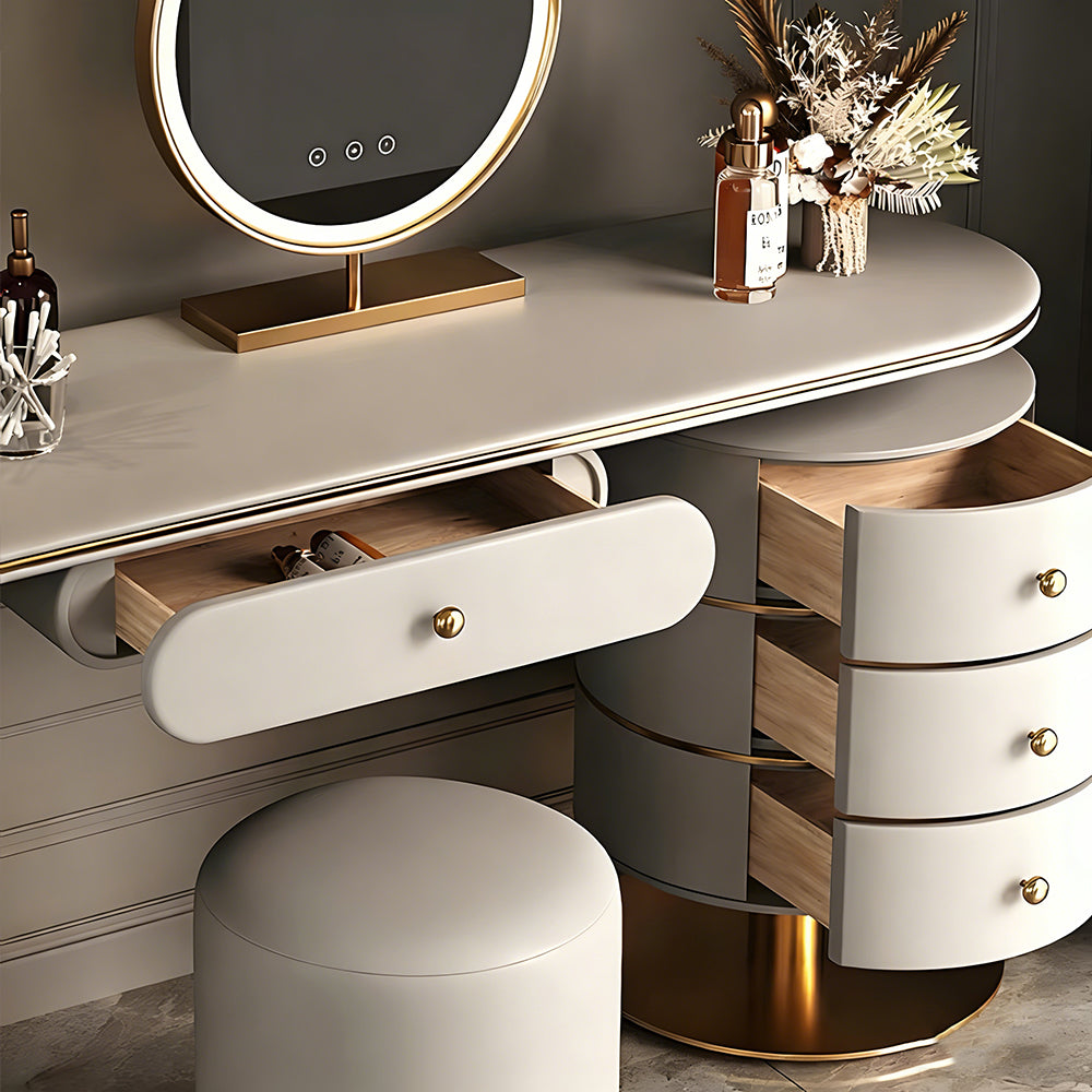 47.2'' Modern Luxury Vanity Desk with Round Mirror Cream Finish Makeup Table with Storage Drawers and Gold Base with Stool