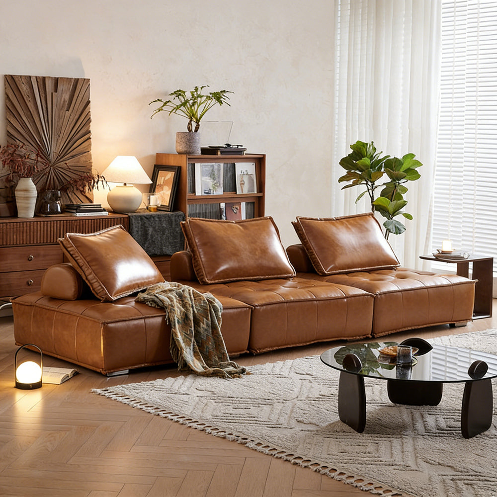 Modern Modular Vintage Leather Sofa Tufted Deep Seat Lounge Sofa Oil Wax Top Grain Leather
