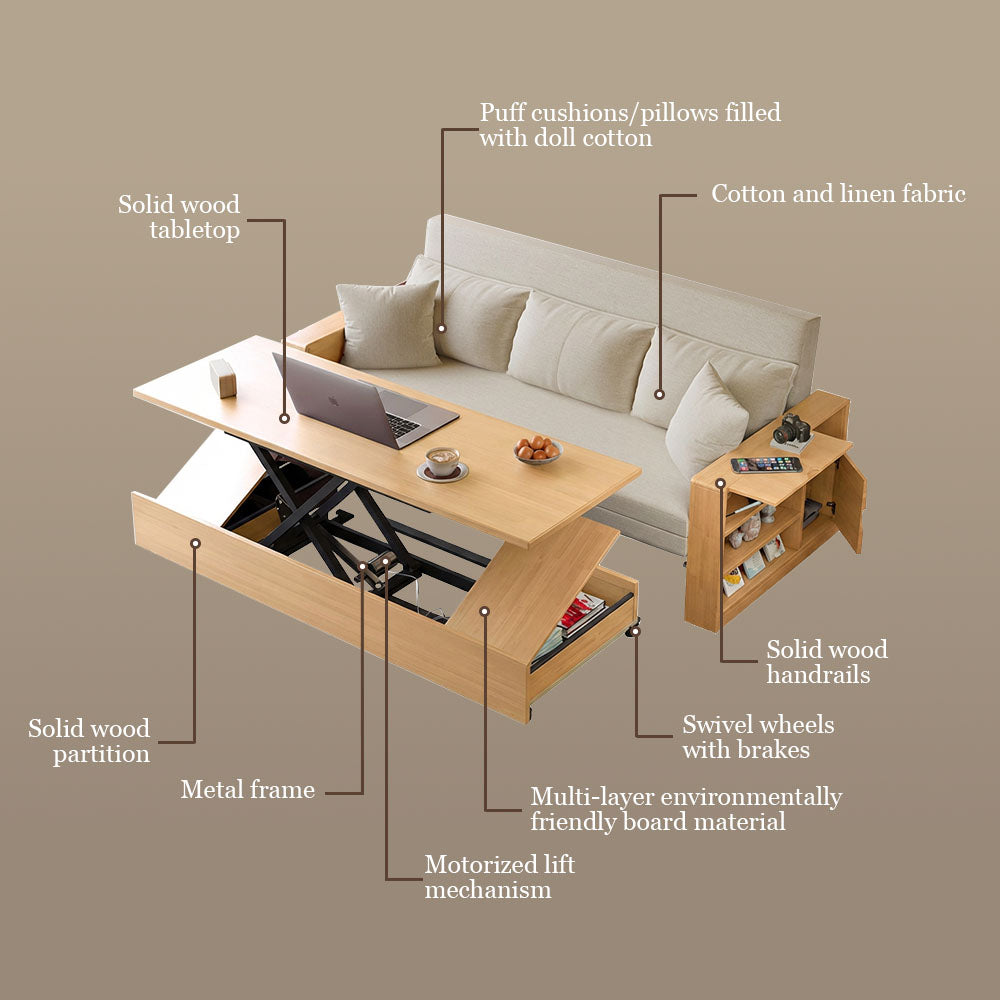 Modern Multifunctional Sofa Bed with Electric Lift Coffee Table & Storage