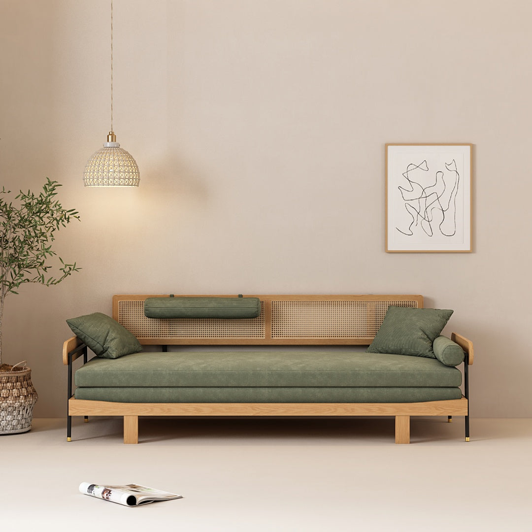 Modern Minimalist Daybed with Wood Frame and Soft Green Upholstery