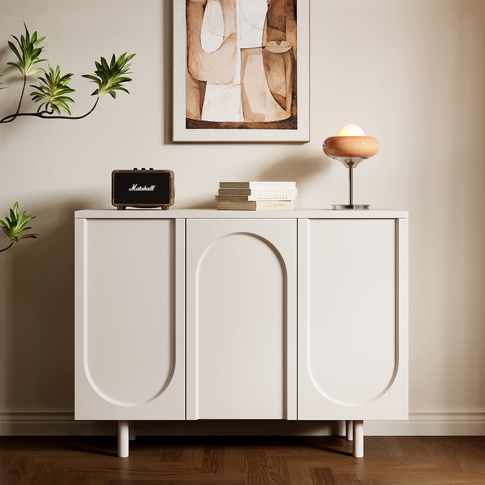 3 Door Sideboard Modern Cabinet Matte White Finish Adjustable Shelves Irregular Veneer Solid Wood Legs