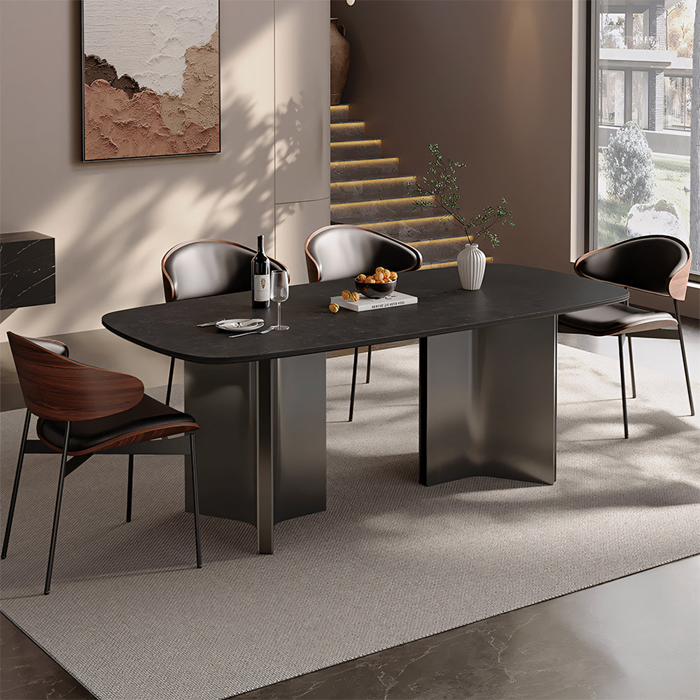 Modern Dining Table Oval Stone Texture Tabletop with Stainless Steel Pedestal Base Minimalist Dining Table
