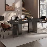 Modern Dining Table Oval Stone Texture Tabletop with Stainless Steel Pedestal Base Minimalist Dining Table