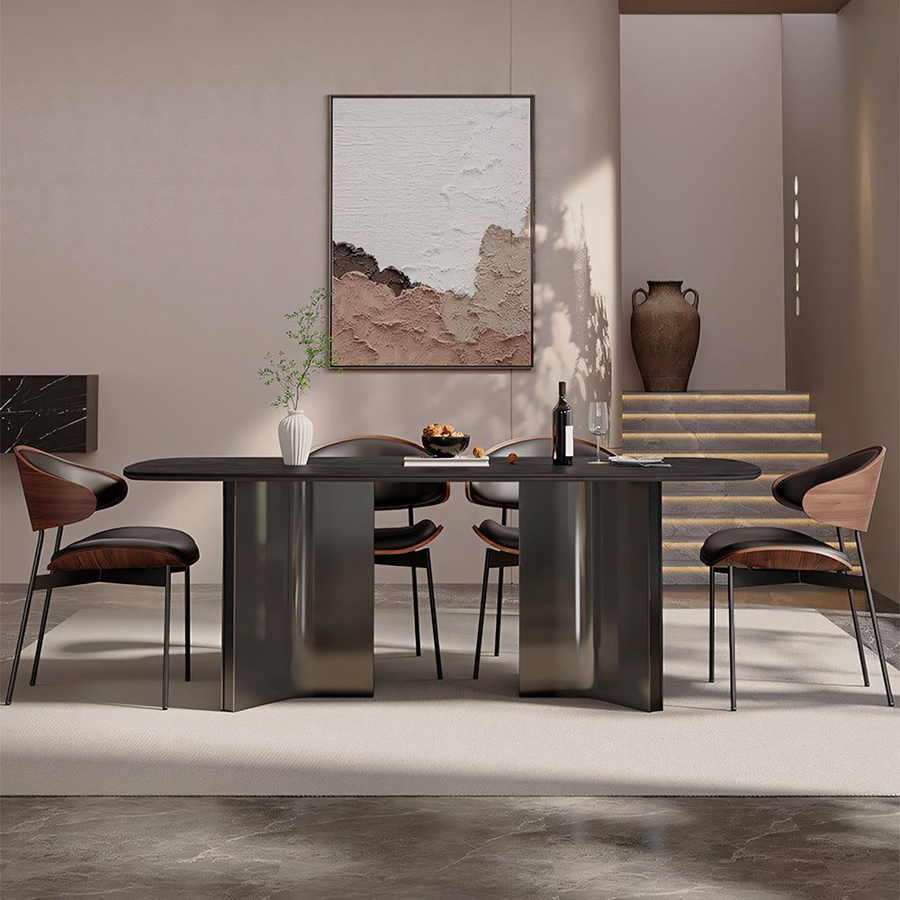 Modern Dining Table Oval Stone Texture Tabletop with Stainless Steel Pedestal Base Minimalist Dining Table