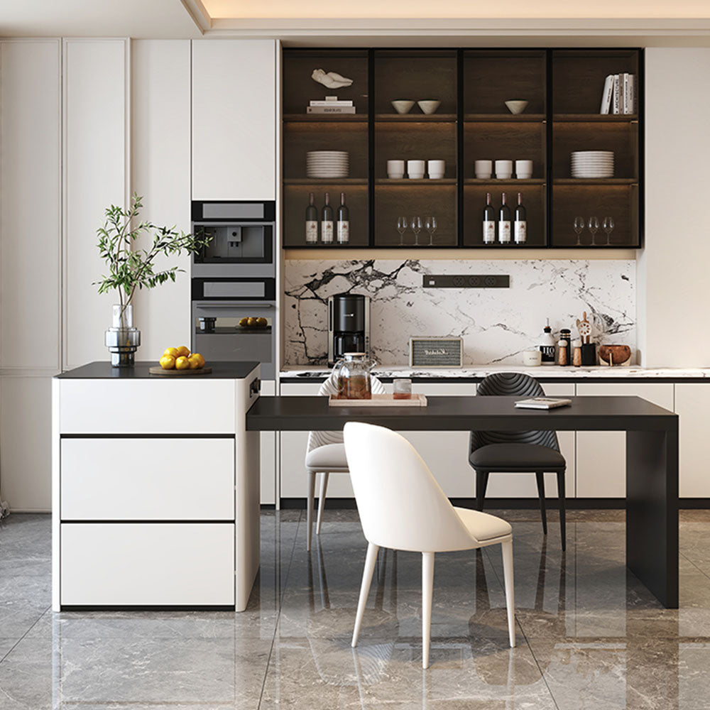 Black & White Extendable Kitchen Island with Storage and Built-In Power Outlets