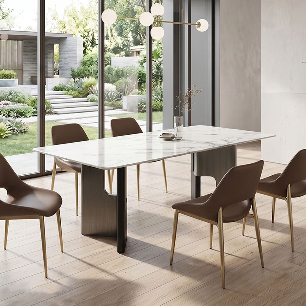Modern Rectangular Dining Table with Marble-Look Top and Sculptural Pedestal Base