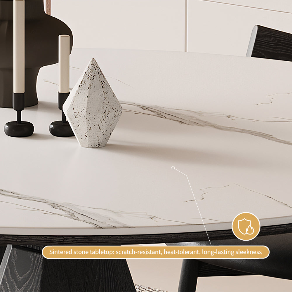 53.1" Creative Round Dining Table Black Wooden Base with Marble Effect Top