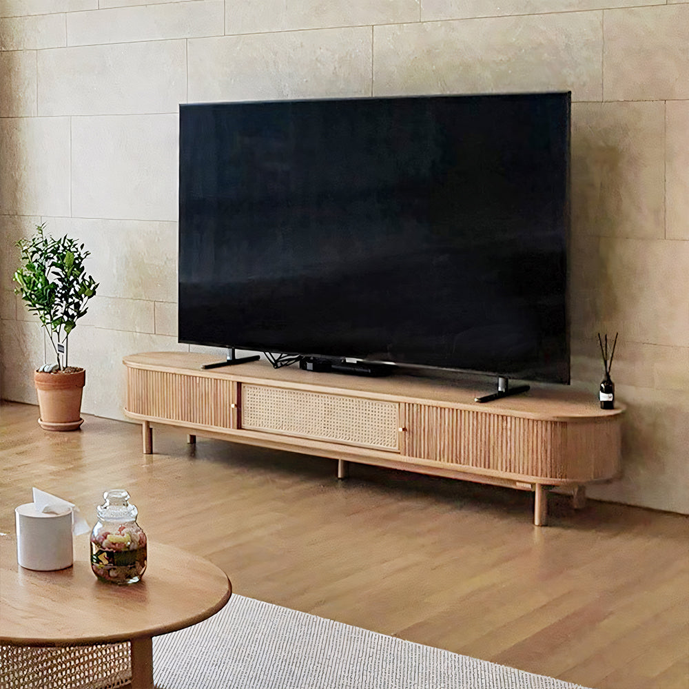 70.2'' TV Stand Sliding Rolling Door Rattan TV Console Media Cabinet for Modern Living