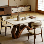 Load image into Gallery viewer, Modern Sintered Stone Dining Table Luxury Kitchen Table with Sculptural Walnut Wood Base for 4-6
