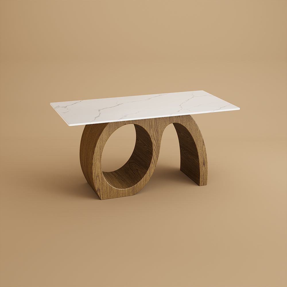 Modern Sculptural Dining Table with Marble-Effect Top & Artistic Wooden Base
