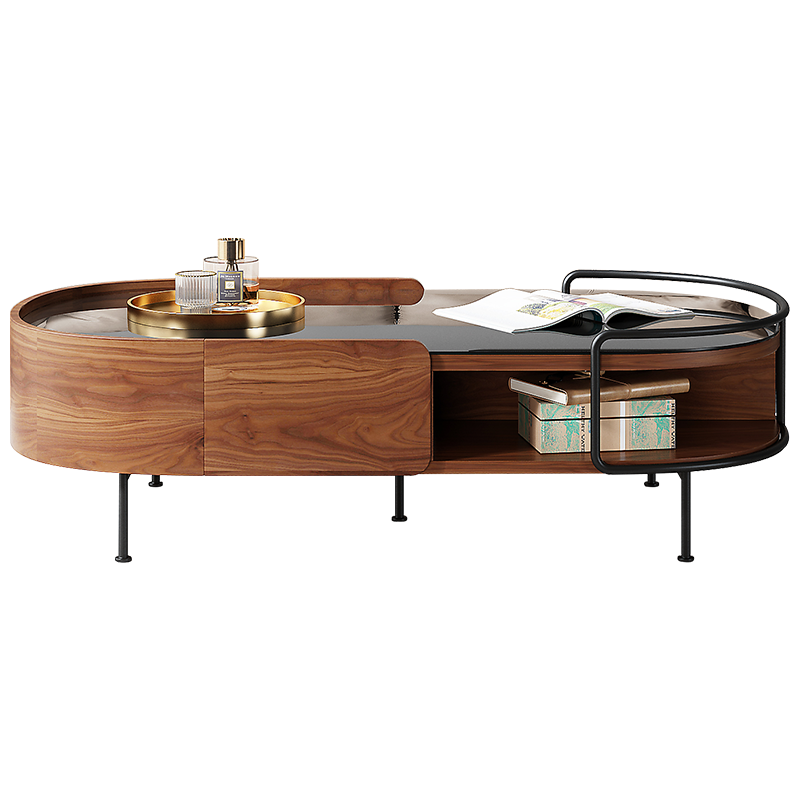 50.7" Modern Storage Coffee Table Tempered Glass Top Walnut Minimalist Design