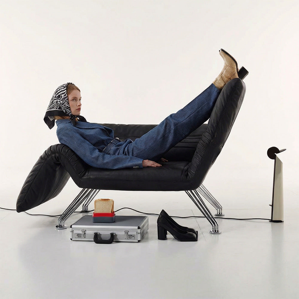 Modern Sculptural Leather Lounge Chair Adjustable Armrest Accent Chair with Metal Legs Contemporary Artistic Seating