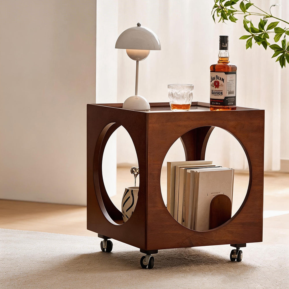 Modern Rattan Nightstand Rolling Side Table Solid Wood Mobile Bedside Cabinet with Storage