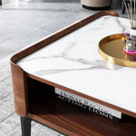 Load image into Gallery viewer, 50&#39;&#39;Modern Rectangular Coffee Table with Drawers | White Marble Top + Walnut Finish + Hidden Storage
