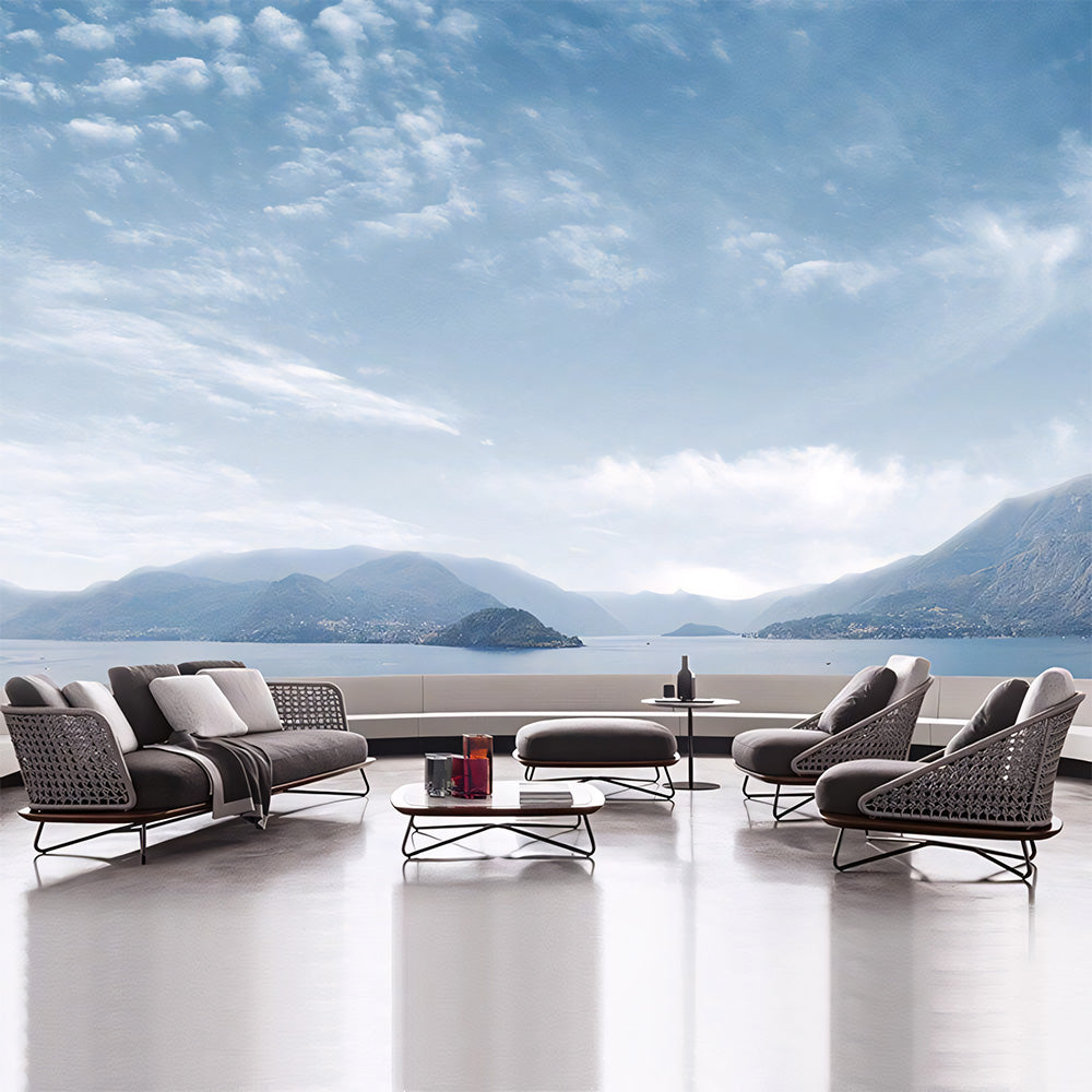 Modern Outdoor Lounge Chair with Handwoven Rope Backrest and Solid Wood Base