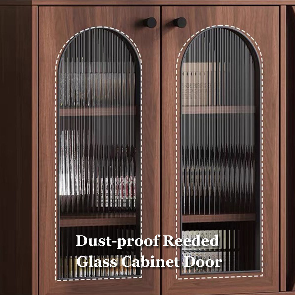 35.4'' Modern Walnut Sideboard with Arched Fluted Glass Doors Buffet Cabinet with Carved Panels & Metal Legs