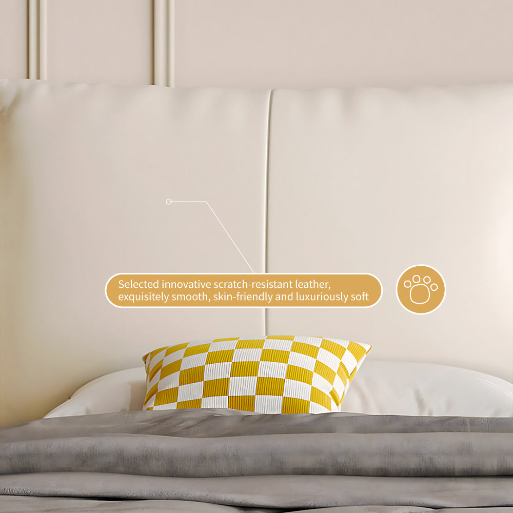 Queen Size Modern Bed with Ultra-Fiber Leather Steel-Wood Slatted Frame and Sleek Minimalist Design