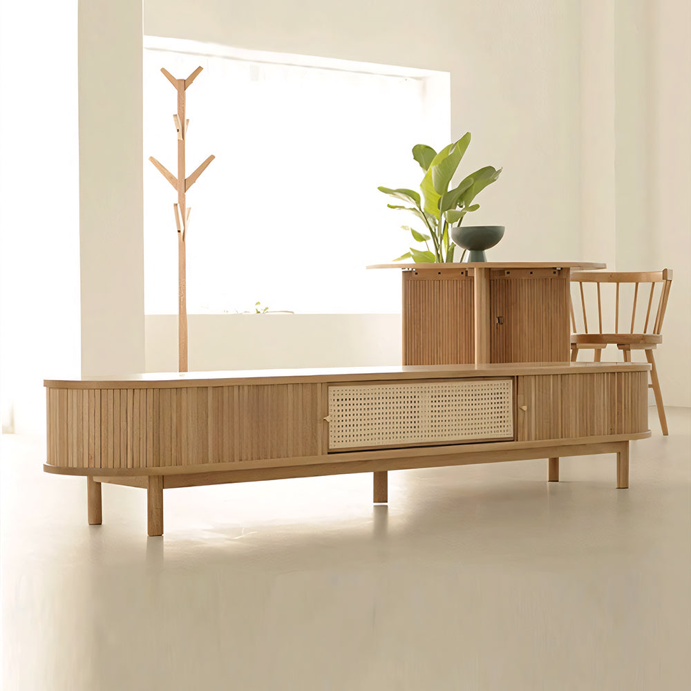 70.2'' TV Stand Sliding Rolling Door Rattan TV Console Media Cabinet for Modern Living