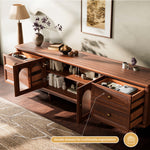 Load image into Gallery viewer, 78&#39;&#39; Neo-Chinese Style TV Cabinet Solid Wood Drawers Arch Glass Doors Elevated Storage Base
