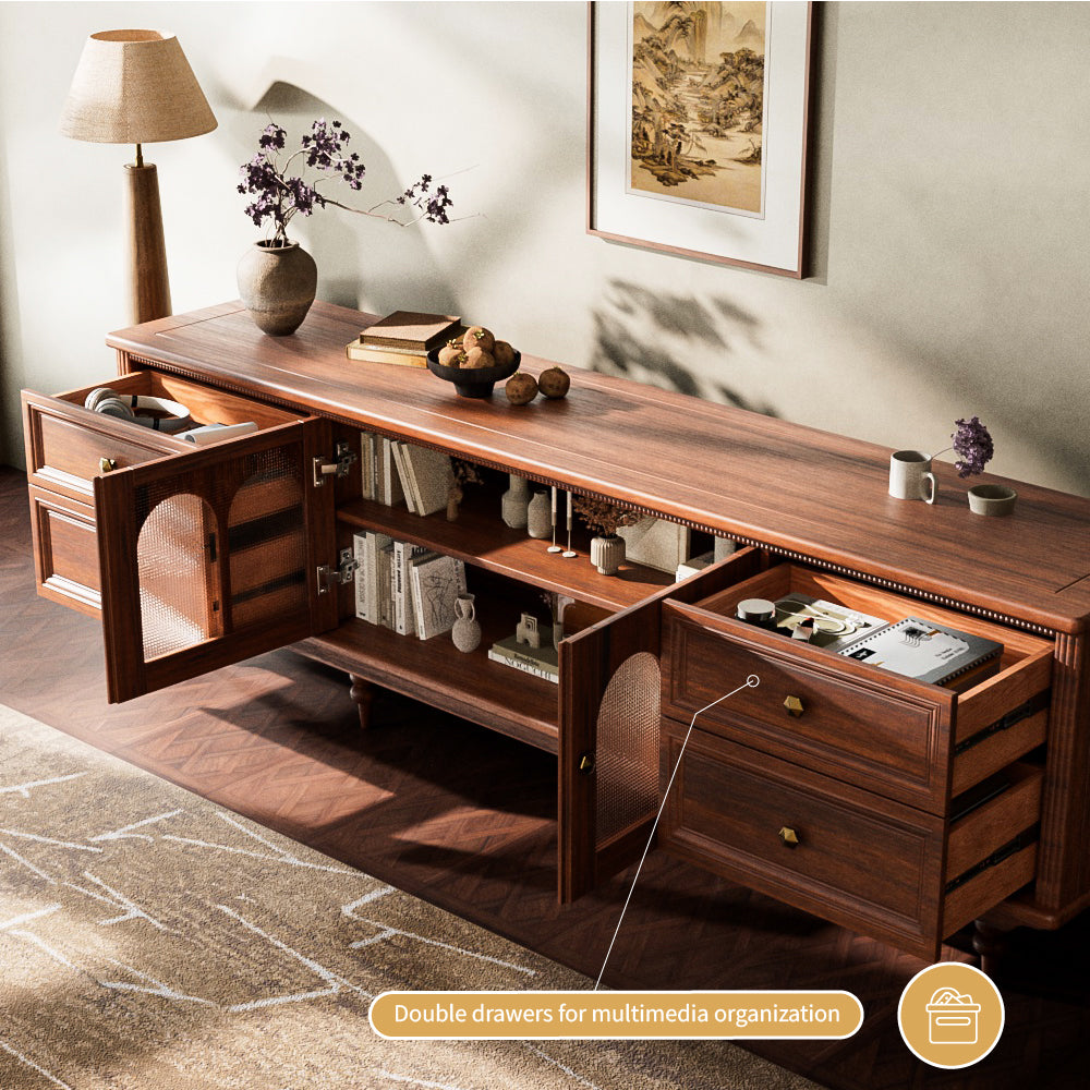 78'' Neo-Chinese Style TV Cabinet Solid Wood Drawers Arch Glass Doors Elevated Storage Base
