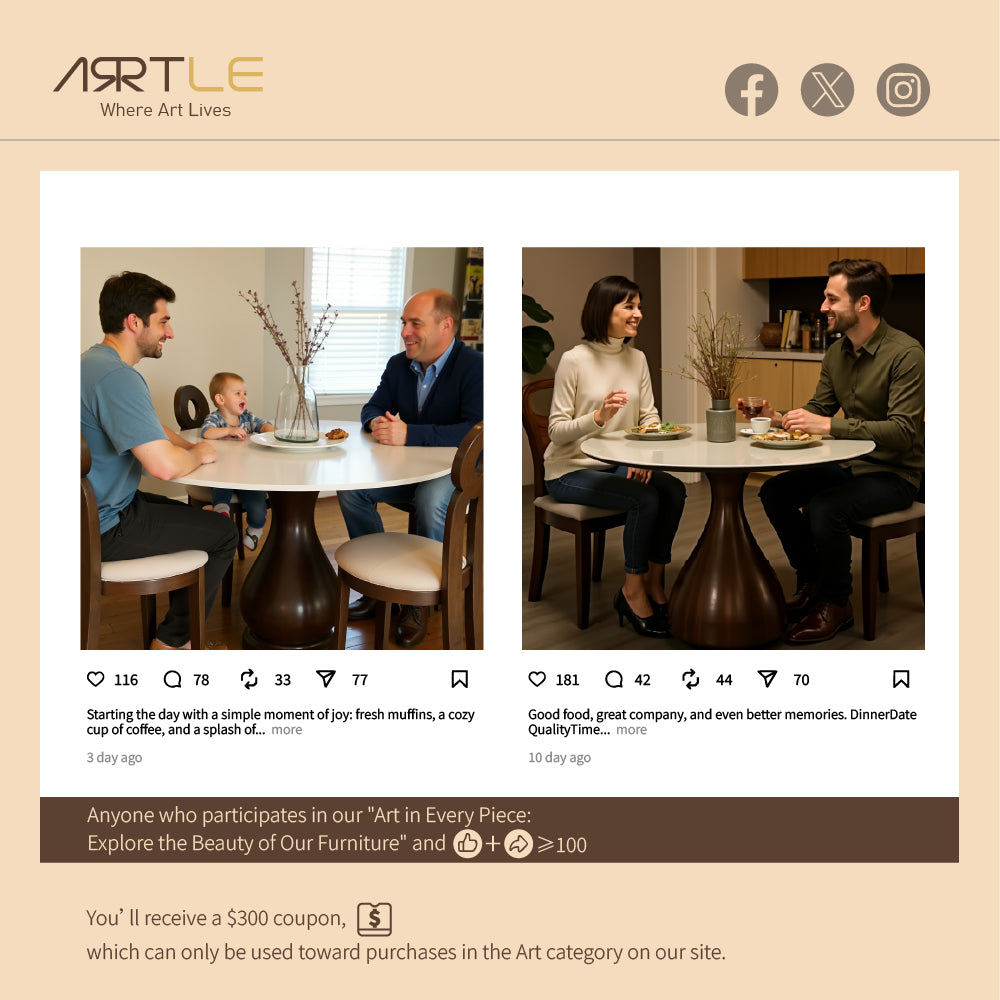 Round Dining Table Wooden Base and Ceramic Stone Top Modern Aesthetic