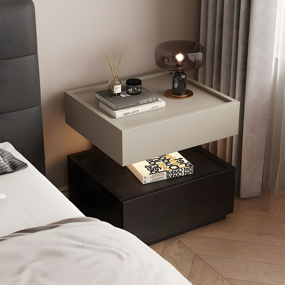 Modern Two Tier Bedside Table with Drawer Tray Top Nightstand Wood Storage Bedside Cabinet