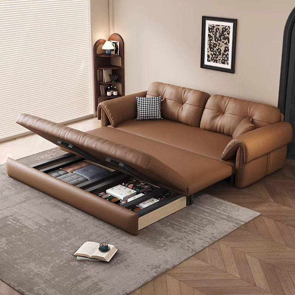 Contemporary Faux Leather Sofa Bed Sleeper Sofa with Hidden Storage & Metal Frame