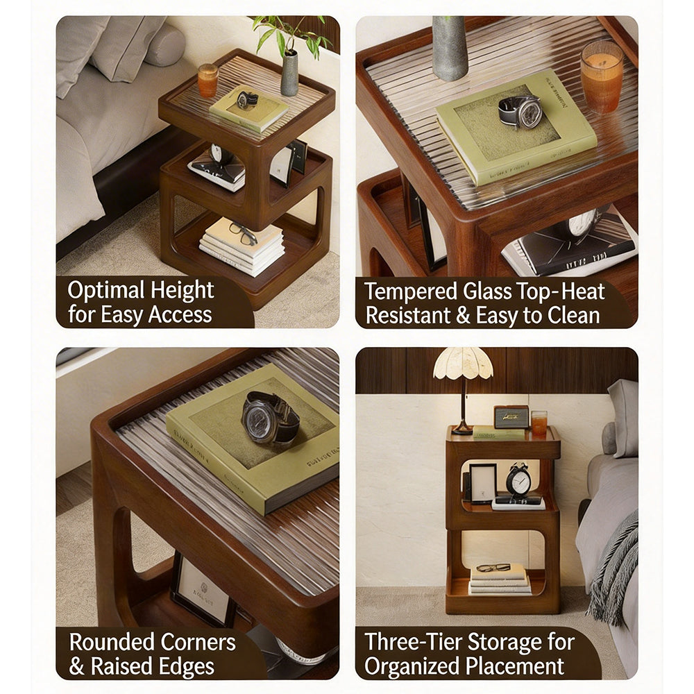 Modern Solid Wood Bedside Table with Fluted Glass Top Multi Layer Storage Nightstand