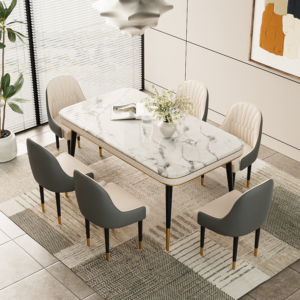 55.11" Dining Table Modern Marble Texture Top Gold-Tipped Legs Elegant Dining Room Furniture