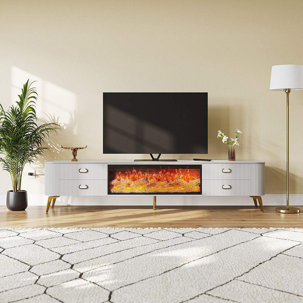 Modern White Electric Fireplace TV Stand with 3-Color LED Lights for 65 to 85-inch TVs