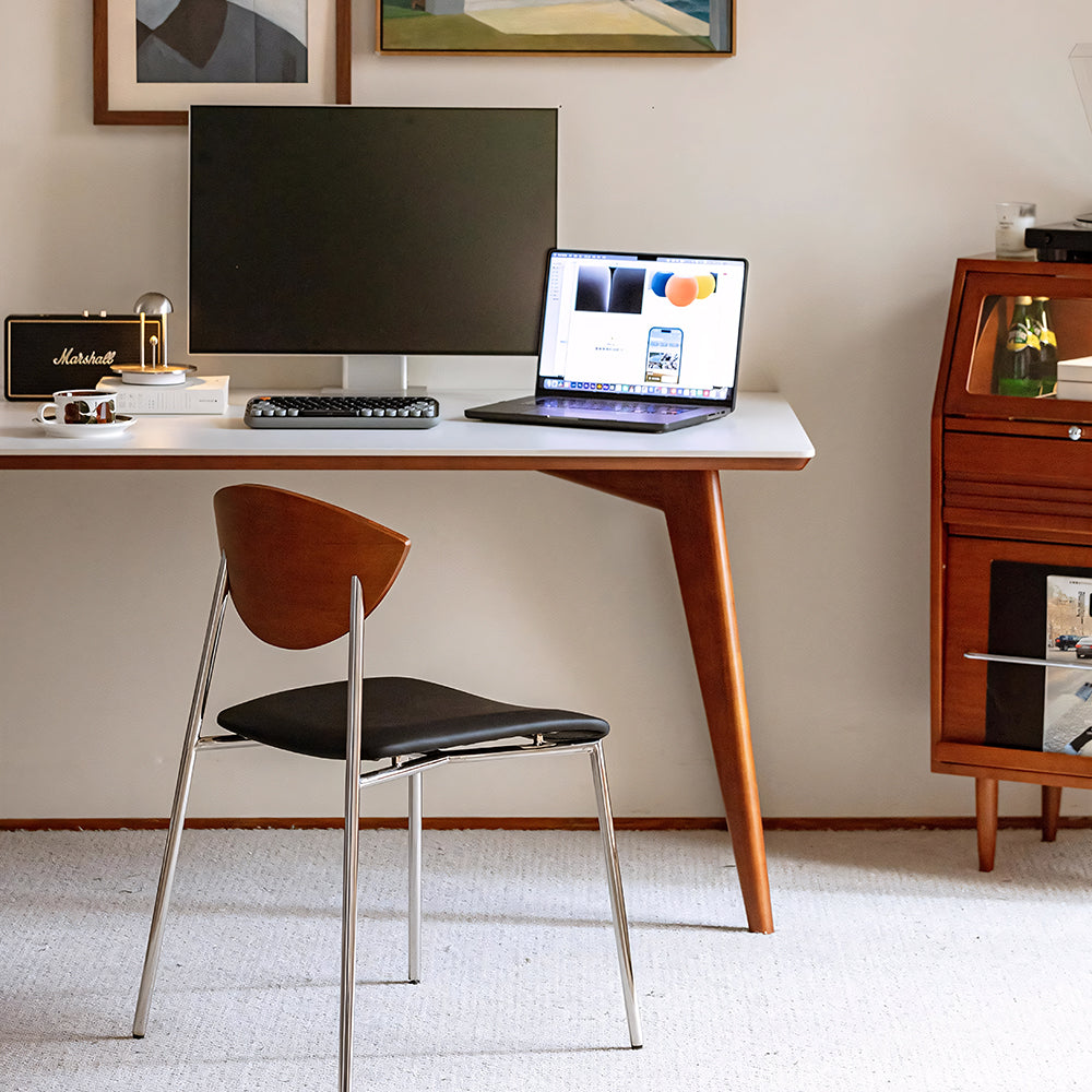 Modern Dining Chair with Stainless Steel Legs Faux Leather Upholstered Seat Ergonomic Wood Backrest for Dining Room