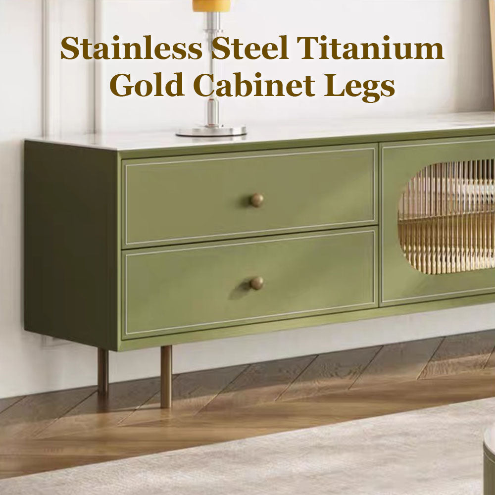 70.87" Modern Green TV Stand with Gold-Ribbed Glass Doors & Storage Drawers