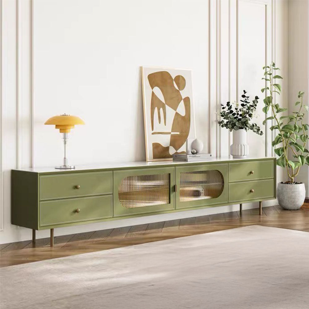 70.87" Modern Green TV Stand with Gold-Ribbed Glass Doors & Storage Drawers