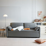Load image into Gallery viewer, Contemporary gray sleeper sofa in seating position with plush cushions

