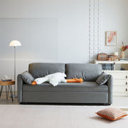 Contemporary gray sleeper sofa in seating position with plush cushions